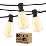 50FT Outdoor String Lights with 25+2 LED Edison Bulbs Dimmable, Waterproof Exterior Patio Lights, Connectable Shatterproof ST38 Hanging Lights for Backyard Garden Balcony Party, Warm White 2700K