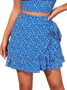 MakeMeChic Women's Boho Floral Print Elastic Waist Ruffle Wrap Tie Skorts Skirt Skorts Royal Blue XL