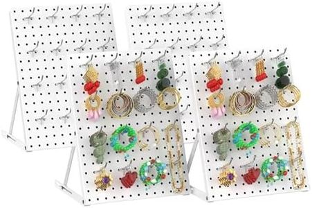 Hogurity 4 Pack Pegboard Display Stand, Sturdy Anti-tip Design,Small Peg Board Tabletop with 48 Hooks, Adjustable Metal Peg Board for Vendor Display, Craft Show, Jewelry Display 16''X12'' – White
