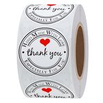 Hybsk 1.5" Inch Round Glossy White Paper Thank You HandMade with Love with Red Heart Stickers Total 500 Adhesive Labels Per Roll (Glossy White)