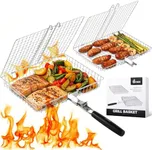 Nesting Grill Baskets, 2pcs Grilling Baskets for Outdoor with Removable Handle, Stainless Steel BBQ Camping Cooking Accessories Tools for Fish, Vegetable, Shrimp - Gifts for Men Dad Husband