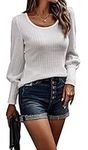 CERYIWER Womens Sweaters Long Lantern Sleeve Shirts Casual Ribbed Knit Fall Fashion Blouse Pullover Tops (White,M)