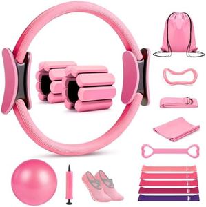 Kanonmaori Pilates Ring Set 15 PCS, Home Pilates Essentials Kit for Women, 12" Pilates Ring and 9" Ball Set, Pilates Kit with Ankle Weights 2LB, Resistance Bands, for Toning & Better Me Gifts(Pink)