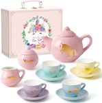 G.C Porcelain Tea Set for Girls Kids - 13pcs Pastel Tea Party Set with Gold Unicorn, Ceramic Teapot & Cup & Saucer & Suitcase, Pretend Play Christmas Birthday Gift Unicorn Toys for Girls 3 4 5 6