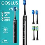 COSLUS C30 Sonic Electric Toothbrush for Adults: Deep Teeth Cleaning & Whitening - 5 Modes & 3 Intensity Levels for Sensitive Teeth & Braces, 2 Types of Brush Heads 2Hours Charge, Black & Black Button