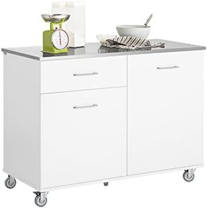 SoBuy Desserte à roulettes Îlot Central avec Plan de Travail INOX et 1 Tiroir, Chariot Mobile pour Cuisine ou Salle à Manger, Meuble de Cuisine avec Rangement 120 x 56 x 90 cm FKW117-W