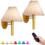 Semlos Battery Operated Wall Lamps Set of Two, Rechargeable Wall Lights Indoor with Remote Control, Non-Hardwired Fabric Shade Lamp Fixture for Bedroom, Living Room (Gold)