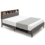 COSTWAY 3FT/4FT6/5FT Bed Frame, Single/Double/King Upholstered Platform Bed with Storage Headboard, Wooden Slat Support Velvet Mattress Foundation Bedstead Base, No Box Spring Needed (5FT King)