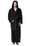 Arus Men's Fleece Robe, Long Hooded Turkish Bathrobe, Black, S/M