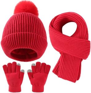 Yaopelky Kid Boy Girl Beanie Hat Scarf Touchscreen Gloves Set Warm Knit Cap with Pompom Long Scarf Neck Hand Warmer (Red, Onesize)