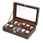 Ohuhu Watch Box, 12 Slot Watch Case for Men with Glass Lid, Wood Grain PU Leather Watch Holder with Velvet Pillows, Watch Storage Box for Men and Women, Gift Idea for Birthday Father's Day