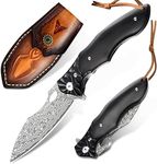 WinWire Pocket Knife for Men, Hunting knife with sheath, Damascus Steel Folding knife with Ebony Wood Handle, Survival EDC Knife for Fishing, Meat Cutting, Tactical Knife for Outdoor Camping Hiking