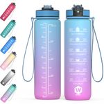 WHIPY 1L Water Bottle with Straw - Leak-Proof & BPA Free Reusable Sports Bottle - Motivational Time Markings for Hydration Durable Drink Bottle (Light Blue and Light Pink, 500ML)