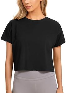 CRZ YOGA Women's Pima Cotton Workout Short Sleeve Shirts Loose Crop Tops Athletic Gym Shirt Casual Cropped T-Shirt Black Medium