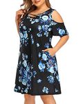 Plus Size Sundresses for Women Casual Beach T Shirt Dress Cold Shoulder Criss-Cross Neck Tunic Loose Swing Dress Pockets