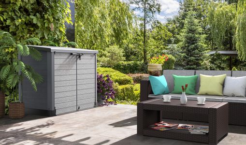 Duramax Cedargrain 1200L Plastic Garden Storage Shed – Grey, Flat Lid, Fits 2x 240L Bins, 145x85x125cm