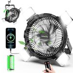 Camping Fan with LED Lantern, 8000mAh Rechargeable Battery Operated Portable Fan, Portable Tent Fan with Hanging Hook & Remote,4 Speeds,Timer,Outdoor USB Fan for Tent Picnic,Barbecue,Fishing,Travel
