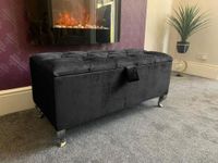 SK LUXURY LIVING Ottoman Storage Box - Engineered Wood Luxurious Plush Velvet Ottoman Storage Bench, Perfectly Designed Ottoman for Bedroom Storage & Blanket Box - (Black Plush, Legs)