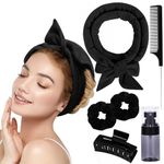 Heatless Hair Curlers to Sleep in Heatless Curling Rod Headband For Long Hair Overnight Heatless Curls For Women Velcro Hair Rollers, Bottle, Hair Clips, Scrunchie, Rat-tail Comb, 6 Pieces Set (Black)