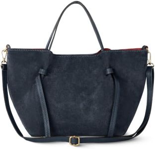 TAKEASY Italian Genuine Suede Tote Bag for Women with Detachable Strap | Structured Top-Handle Purse with Interior Pouch (Dark Blue)