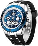 GOLDEN HOUR Luxury Military Sports Men's Watches Large Size Big Face 3ATM Waterproof, Stopwatch, Date and Date, Alarm, Luminous Digital Analog Wrist Watch with Rubber Band, silver blue, sport-fashion