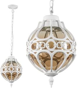 Zanritelit Globe Outdoor Pendant Lights, White Aluminum Waterproof Hanging Light Fixture for Porch Entryway Hallway, Vintage Round Exterior Chandelier, Outside Pendant Lamp with Amber Glass, 2 Pack