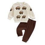 XIXIMAON Toddler Kids Boy Fall Waffle Warm Tracksuit Set Car Print Crew Neck Long Sleeve Sweatshirt Solid Color Trousers Set 2pcs Baby Boy Clothes (Ivory, 18-24 Months)