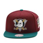 Mitchell & Ness Anaheim Mighty Ducks NHL 2 Tone Side Patch Snapback Hat Adjustable Cap - Burgundy/Dark Green, Burgundy, One Size