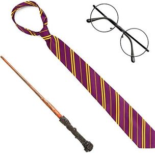 Skeleteen Wizard Costume Accessories Set - Nerd Circle Glasses, Red and Gold Tie and a Magic Wand Accessory Set for Kids and Adults