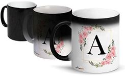 FirseBUY Letters A Ceramic Magic Cup 1Pcs - Alphabet Floral Coffee Cup/Letter Mug, Decorative Mug, Gift for Women, Men, 11 oz (Black)