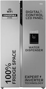 Haier 596 L, Wi-Fi enabled Water Dispenser Frost Free, 2-Door Side by Side Refrigerator with 100% Convertible Fridge Space & Expert Inverter Technology (HRS-682SWDU1, Shiny Steel)