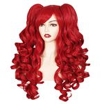 ColorGround Long Curly Cosplay Wig with 2 Ponytails (Red)…