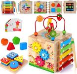 HELLOWOOD Wooden Activity Cube Baby Toys, 8-in-1 Montessori Educational Toy Set, Bead Maze Shape Sorter Abacus Xylophone Words & Clock Learning, STEM Toys for Boys Girls Toddlers Age 1 2 3