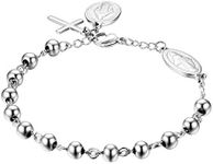 JewelryWe Rosary Bracelet Stainless Steel Virgin Mary Catholic Holy God Mother Cross Pendant Pearl Ball Chain Bangle Bracelet for Men Women for Christmas