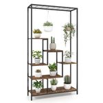 COSTWAY 6-tier Tall Plant Stand, 180cm Metal Indoor Flower Pots Rack with 10 Hanging Hooks & Wire Shelf, Multipurpose Plant Display Holder Storage Organizer for Patio Garden Balcony (Black + Brown)