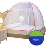 Classic Mosquito Net for Double Bed | Queen Size Embroidery Foldable Machardani | Polyester 30GSM Strong Net | PVC Coated Corrosion Resistant Steel Wire - Red