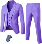 MY'S Men's Blazer Vest Pants Set, Solid Party Wedding Dress, One Button Jacket Waistcoat and Trousers, 3 Piece Slim Fit Suit with Tie Purple