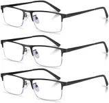 Anourney 3-Pack Reading Glasses for Men, Lightweight Metal Half Frame Blue Light Blocking Computer Readers, Stylish Filter UV Ray/Computer Glare with Spring Hinge Eyeglasses(3PCS Black,+1.0)