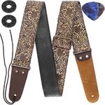 Anwenk Guitar Strap, Stamped Leather Guitar Strap PU Leather Western Vintage 60's Retro Guitar Strap with Genuine Leather Ends for Electric Bass Guitar, with Tie,Include 2 Picks,Bronze