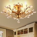 Vintage Crystal Branches Chandeliers, Flush Mounted Fixture with 4 Lights Crystal Chandeliers Tree Leaves Ceiling Lights,Crystal Pendant Lighting,Ceiling Light Fixtures Modern Luxurious (Golden)