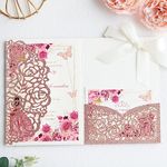 KUCHYNEE 50PCS Blank Rose Gold Glitter Wedding invitations Kit 5.1 x7.1 inch Laser Cut Hollow Rose Floral Pocket With Ribbon Invitation for Quinceanera Wedding Invite (Rose Gold Glitter)