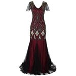 IBTOM CASTLE Flapper Dresses 1920s Gatsby - Womens Vintage V Neck Beaded Sequin Mermaid Hem Formal Evening Party Dresses Plus Size Cocktail Maxi Gown Prom Halloween Fancy Dress Costume Burgundy XL