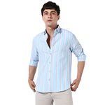 Campus Sutra Men's Light Blue Striped Cotton Shirt Button Up Regular Fit for Casual Wear | Cotton Spread Collar Shirt Crafted with Regular Sleeve, Comfort Fit for Everyday Wear