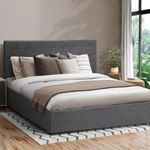 Oikiture Queen Bed Frame with Storage and Gas Lift Velvet Bed Grey