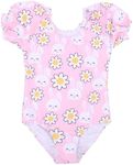 LIZENS Girls' One-Piece Swimwear Adorable Bunny Rabbit Puff Sleeve Tropical Floral Girls Bathing Suit(BL110,6-7T) Pink