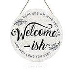 TOARTi Welcome-ish Wood Hanging Sign Plaque, Funny Welcome Quote with Minimalist Leaves Wooden Front Door Hanger, Rustic Outdoor Wall Art for Porch Garden Farmhouse Yard Decor (12''x12'')