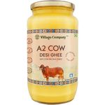 Village Company A2 Cow Desi Ghee 1000ML | Gir Ghee Vedic Bilona Method | Organic Pure Natural | Two Way Curd Churned - Best Farm Fresh Grass Fed Cattle Milk | India Lab Certified | Glass Jar One Litre