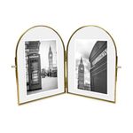 Isaac Jacobs 5x7 Vintage Style, Double-Sided Arched Brass & Glass Metal Floating Picture Frame with Locket Closure (Vertical), Made for Tabletop Display (5x7 Vertical, Antique Gold)