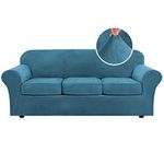 H.VERSAILTEX Modern Velvet Plush 4 PCS High Stretch Sofa Slipcover Strap Sofa Cover Furniture Protector Form Fit Luxury Thick Velvet Sofa Cover for 3 Cushion Couch, Machine Washable(Sofa,Peacock Blue)