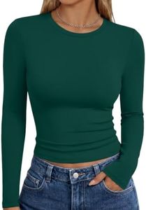 Trendy Queen Womens Long Sleeve Shirts Basic Crop Tops Tight Slim Fit Cute Teen Girls Fall Winter Y2k Clothes Dark Green M